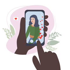 Dating and Communication online. Virtual romantic date. Love during quarantine. Meeting in a video chat through the application for smartphones in social networks. flat vector illustration.