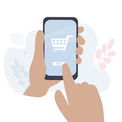 Online shopping. Smartphone in the hand while choosing a purchase. The concept of the online store. Cart icon, payment for goods online. Flat design, vector illustration.