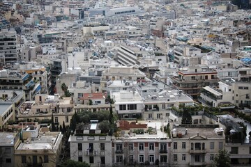 Fototapeta na wymiar Partial view of Athens city from Acropolis hill, Athens, Greece, February 5 2020.