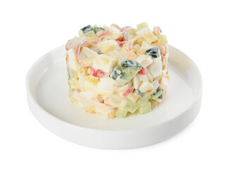 Delicious salad with fresh crab sticks on white background