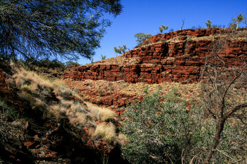 Hiking and swimming in Karijini National-Park, Western Australia with beautiful rock formations