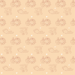 Seamless patterns. Cute baby in pajamas sleeps on a pillow. Decorative illustrations on a light orange background with toys and rattles. outline. Vector. Kids collection for textiles, decor, textiles