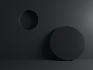 Abstract black background with cylinder and round hole in wall; simple dark mock up scene with minimal design elements; cylindrical geometric setup; niche; 3d rendering, 3d illustration