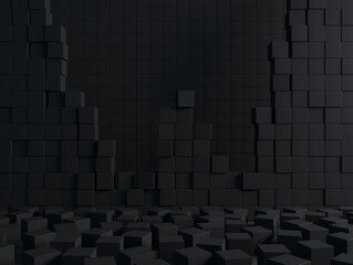 Abstract black cubes design background; dark cubes from broken and cracked wall; chaotic blocks; sci fi cubes as futuristic background; 3d rendering, 3d illustration