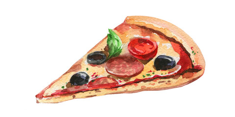 Delicious pizza with tomatoes, salami, olives and cheese. Watercolor illustration on white background. Isolated. - 393869876