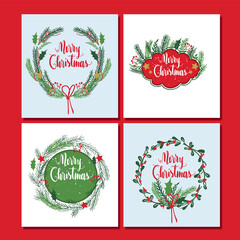 Merry Christmas square cards set with hand drawn elements