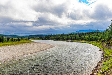 northern river flowing among the rocks in a forest area