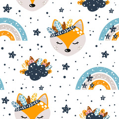 Cute nursery seamless pattern in boho style with fox, clouds, rainbows and feathers with floral elements isolated on white background Scandinavian style vector illustration.
