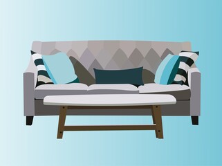 Vector of a comfortable sofa with small white table on blue background