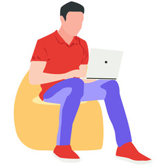 Man working on laptop, Work at the computer. Vector illustration. Home work concept Illustration, Vector flat style illustration. For web design