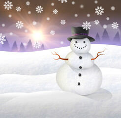 Happy snowman wearing hat standing in snowy landscape beneath an indigo winter sky with watery sun going down behind hill as snowflakes silently fall illustration.