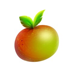 Simple red and green fresh, delicious-looking speckled and shiny apple with leaves still attached isolated on white background illustration.