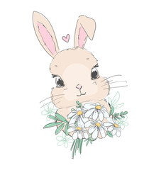 Hand drawn cute bunny and chamomile flower arrangement vector illustration rabbit childish print design