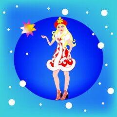 Icon of a beautiful girl in New Year's clothes. Festive symbol for advertising design. Woman snigurochka - Santa Claus.