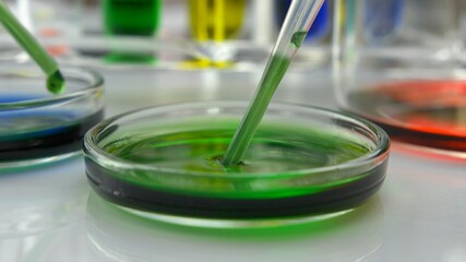 Multicolor Liquid Dripping from Pipette into Glass Petri Dish in Laboratory