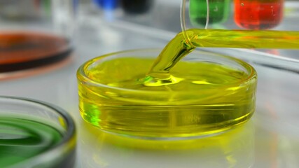 Pouring Yellow Liquid From Test Tube into Glass Petri Dish in Laboratory