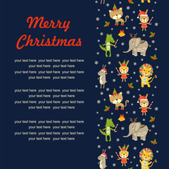 Merry Christmas Seamless background with cartoon happy animals icons. Seamless Christmas baby pattern with lion, giraffe, elephant, crocodile. Vector illustration with wild animals x-mas for kids.