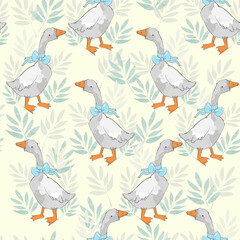 Seamless pattern hand drawn cute goose vector illustration