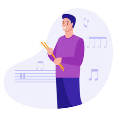 Young man with drumsticks on the background of notes. Vector illustration in flat style.