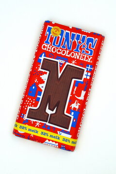 Amsterdam, The Netherlands - November 9, 2018: Package of Tony's Chocolonely letter M.