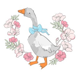 Hand drawn cute goose and blue bow and flowers background vector illustration floral frame