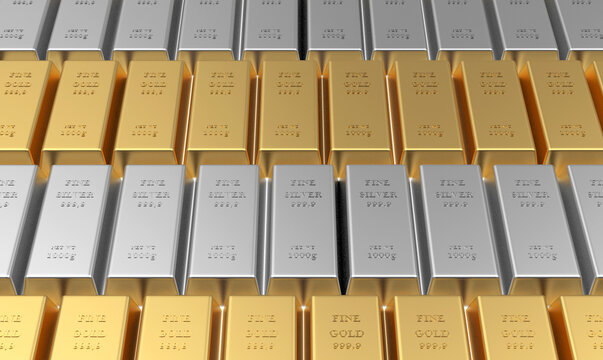 Rows of gold and silver bars stacked in stripes. 3d illustration