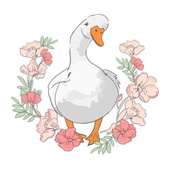 Hand drawn cute goose and flowers background vector illustration floral frame