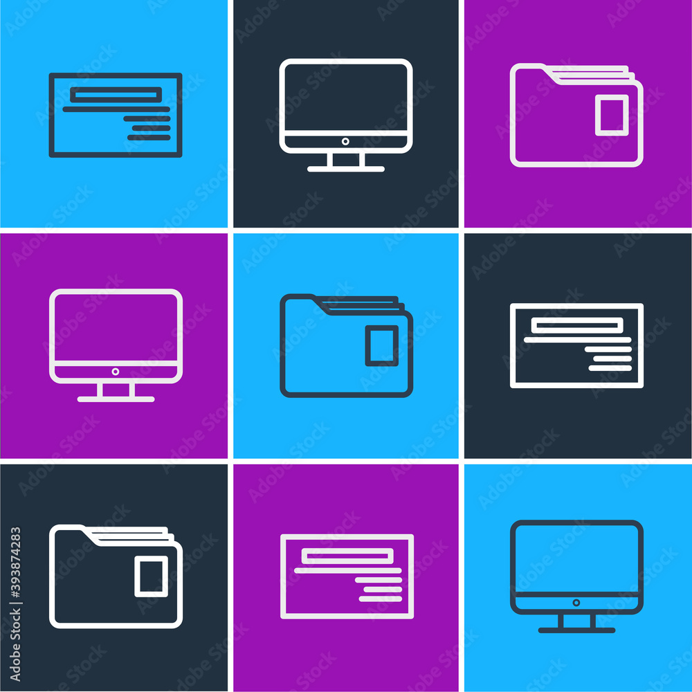 Poster set line business card, document folder and computer monitor screen icon. vector.