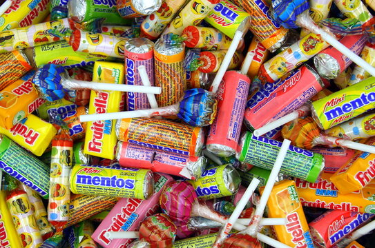 Amsterdam, the Netherlands - November 11, 2018: Mini candy mix with different types of sweets from Fruittella, Chupa Chups, Mentos, Look-O-Look and Haribo.