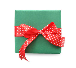 Christmas gift box decorated with red bow isolated on white, top view