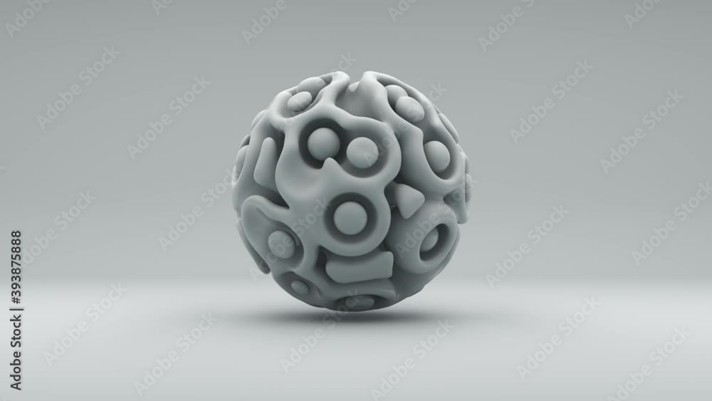 Poster 3d loop animation of an abstract sphere. the ball has a complex relief surface, wrinkled convolution
