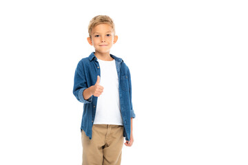 Smiling boy showing like gesture isolated on white
