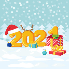 Merry Christmas and Happy New Year 2021. Numerals with santa claus hat, gift boxes, decorative balls