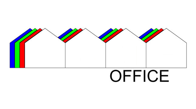 office label in schematic form, new idea of ​​logos, indications, signs, headers, with linear elements highlighted with colors, symbol of a building with simple and classic lines and colors.