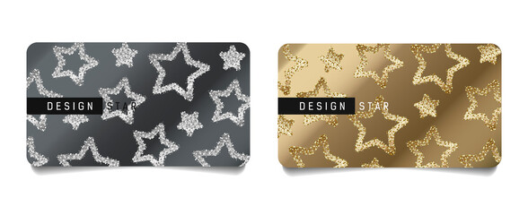 Set of festive greeting cards for Christmas and new year with illustration of shiny golden and silver stars, discount card layout layout