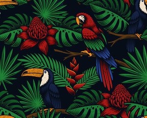 Tropical seamless background with exotic birds and flowers, this design can be used as a fabric print, wallpaper as well as for many other uses