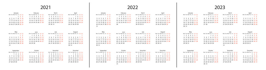 Calendar for 2021 2022 and 2023 year. Months and weeks, vector template