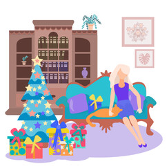Cozy room with antique furniture decorated for Christmas. Young girl is sitting at home, stroking a cat, next to a Christmas tree with gifts for the new year. Vector illustration in flat style.