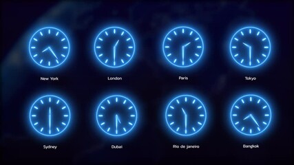 Neon and Digital World timezone clocks rotating animation with different time, out focusing the earth background. - Powered by Adobe