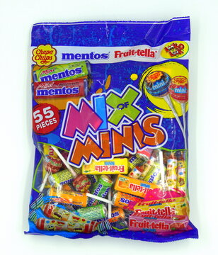 Amsterdam, The Netherlands - November 9, 2018: Package of Fruittella Mix of mini's. Different types of sweets from Fruittella, Chupa Chups, Mentos and Look-O-Look.