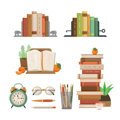 Educational illustration. Set of books, alarm clock, glasses and writing utensils