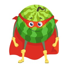 Watermelon superhero in cape amd mask icon isolated on white background. Vector illustration. Super hero fruit cartoon character.