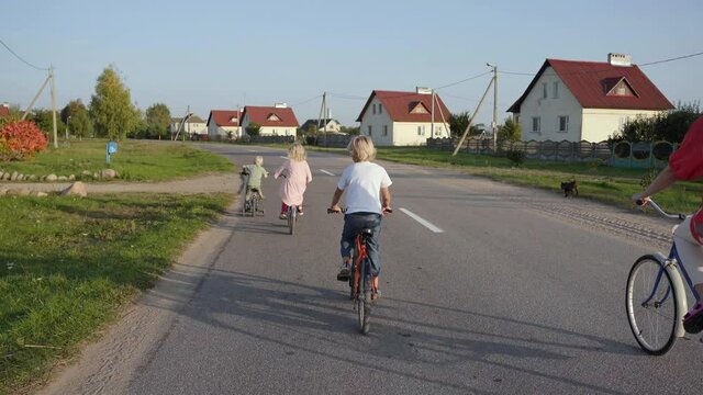 A large family goes on a bike ride in the evening.