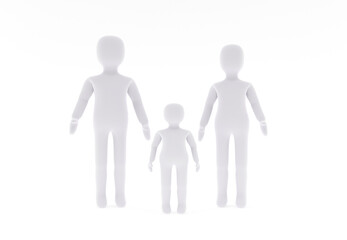 Abstract 3D Father, Mother and Son portrait. Stick figure family, 3d render