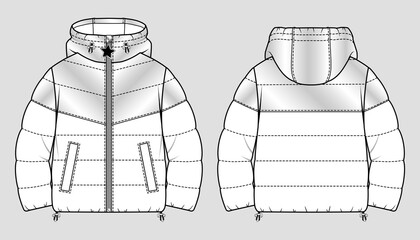 Cropped puffer winter down coat. Women oversized quilting jacket. Color blocking design. Vector technical sketch. Mockup template. © Anna
