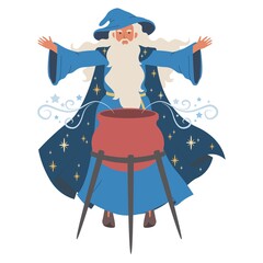 Wizard boils magic potion, icon isolated on white background. Vector illustration. Old magician with beard.