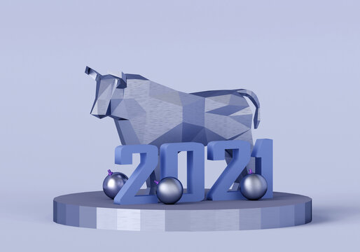 figurine of a low poly Blue Metallic Bull on a stand with the number 2021, a symbol of the new year, 3d render
