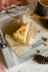 Homemade apple pie made with fresh organic apples and a cup of tea