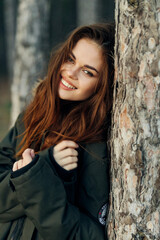 Fototapeta premium Pretty woman smile forest vacation travel