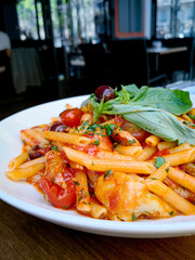 Tasty pasta, Italian tomato sauce pasta on the table